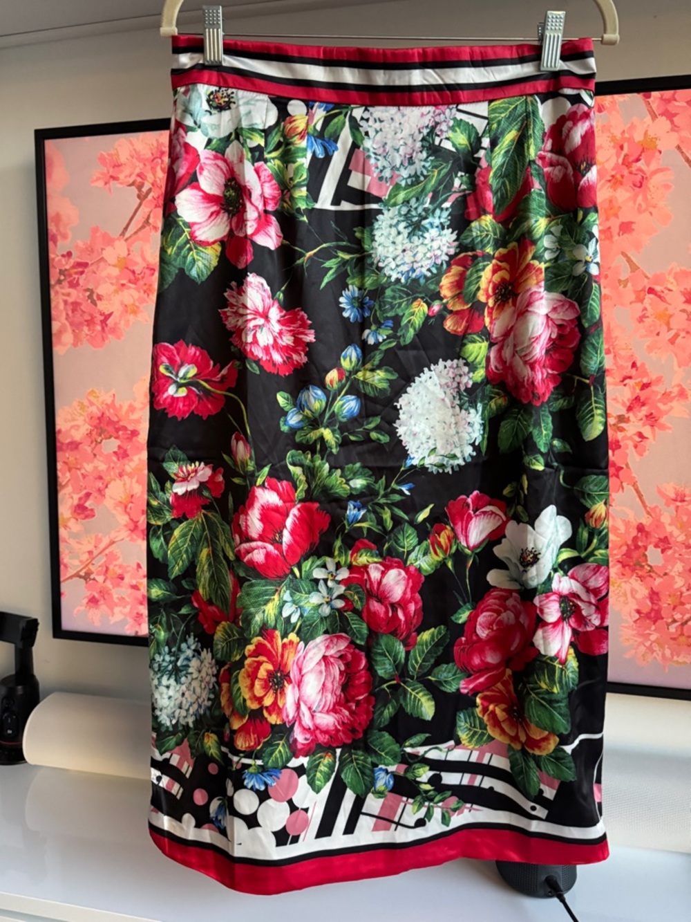 Designer-Style Floral Red Black Silk Midi Skirt